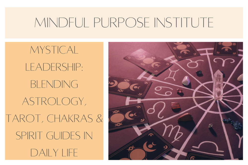 A mystical collage of tarot cards, zodiac symbols, and crystals. 