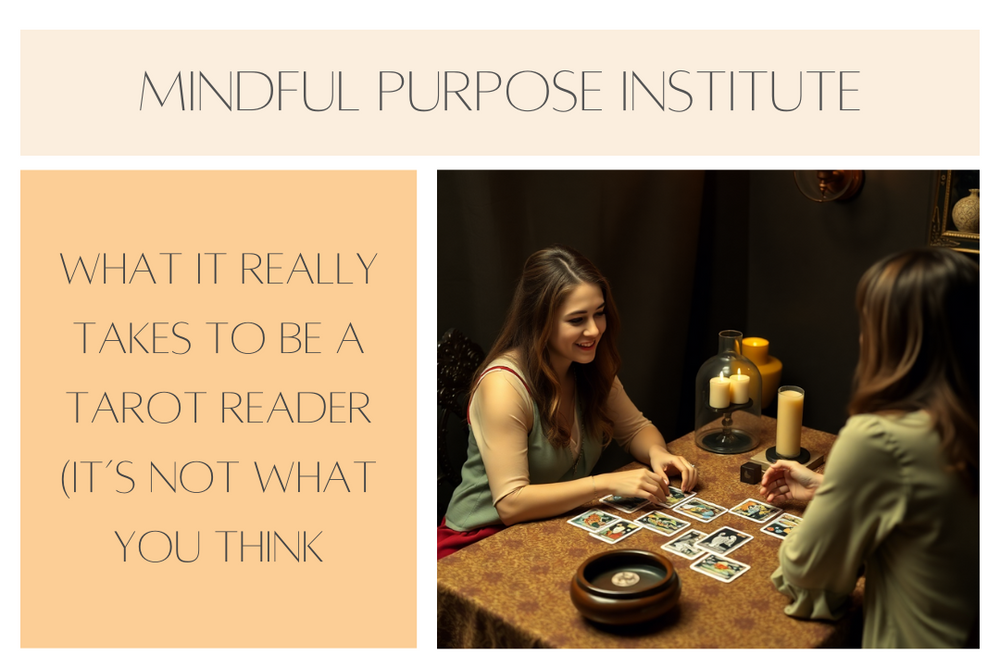 Two women smiling during a tarot card reading at a candlelit table.